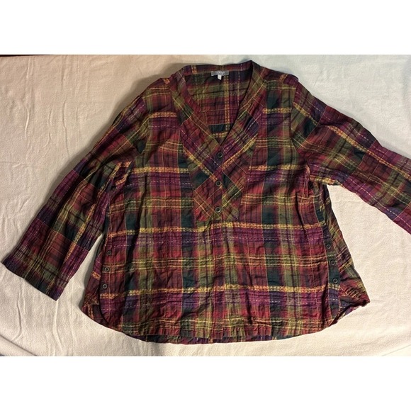 Habitat Tops - Habitat Women's Top XL Plaid Multi‎ Windowpane Shirt in Forest Cabincore Granola